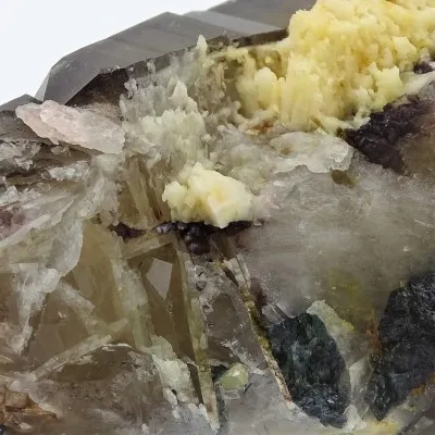 Natural smoky quartz - double crystal, overgrown with tourmalines, albite. A very interesting aesthetic collector's piece.