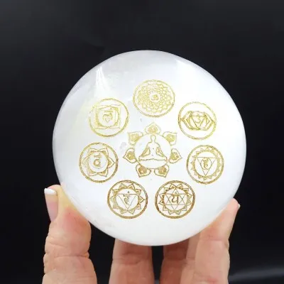 Selenitkugeln mit Chakra-Symbolen 582g, Marokko