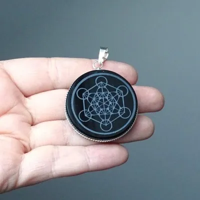Obsidián šamanský amulet - přívěšek, Mexiko (symbol Metatronova krychle)